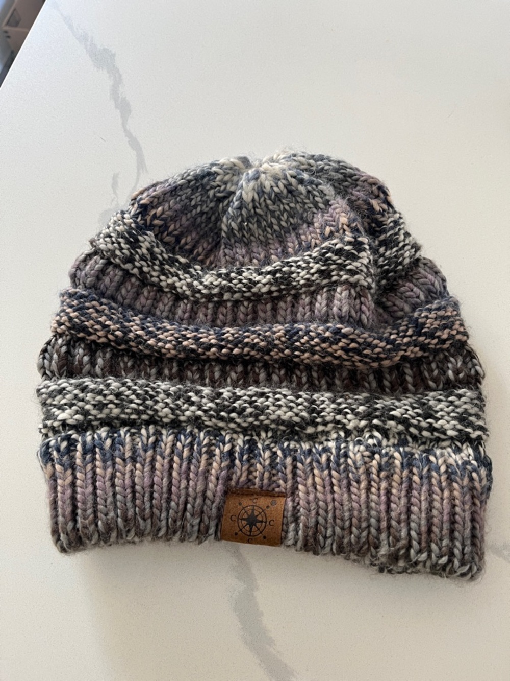 Neutral Multicolor Knit Beanie with Compass Patch